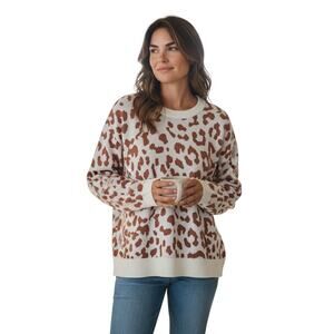 DAILY RITUAL Women XL Sweater Sweater Cheetah Print Brown Cream Long Sleeve 46